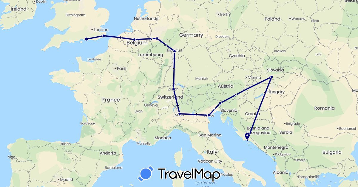 TravelMap itinerary: driving in Belgium, Switzerland, Germany, United Kingdom, Croatia, Italy, Slovenia, Slovakia (Europe)
